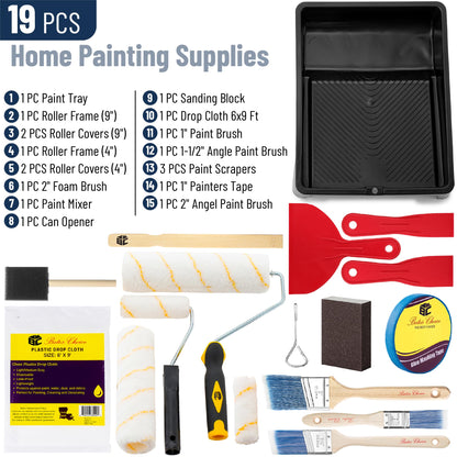 Bates- Paint Roller Kit, 19 pcs, Roller Set with Microfiber Sleeves & Frame, Tray, Angled Brush & Foam Brush, Paint Scrapers and More for Walls, Cabinets, Interior, Exterior, House Painting Supplies