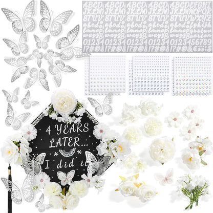 Hoteam DIY Graduation Cap Decorations Kit Included Faux Flowers 3D Butterfly Self Adhesive Rhinestones Glitter Alphabet Letter Stickers for 2026 Grad Cap Topper Party Gifts Decor(White)