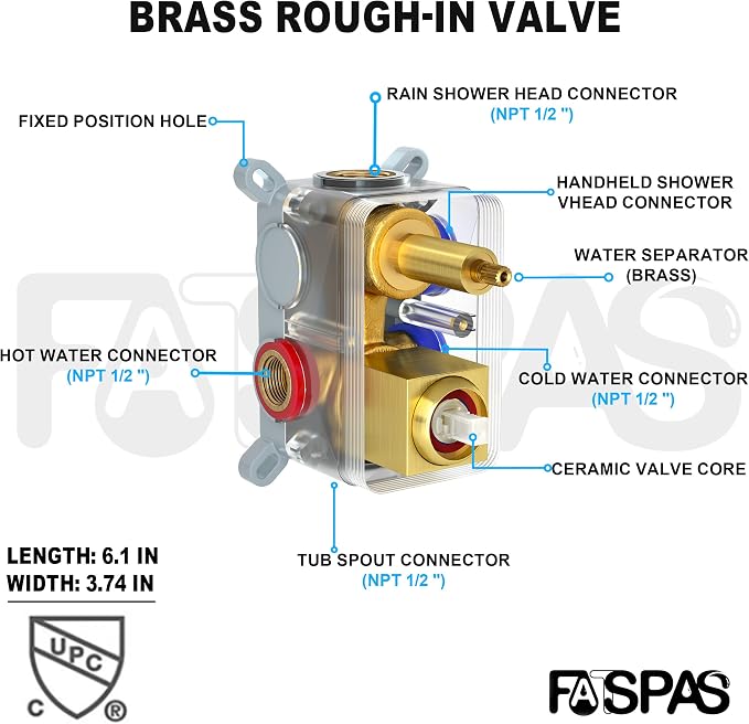 Brushed Gold Shower System with 12-Inch Rain Showerhead and Tub Spout | cUPC-certified pressure balance brass valve to prevent scalding, CEC-certified air injection technology for low pressure