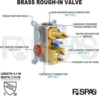 Brushed Gold Shower System with 10-Inch Rain Showerhead and Tub Spout | cUPC-certified pressure balance brass valve to prevent scalding, CEC-certified air injection technology for low pressure