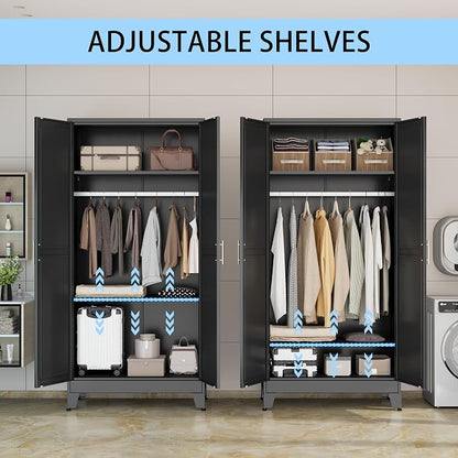 erosoei 71 "Metal Armoire Wardrobe Closet, Steel Clothing Storage Cabinet with Adjustable Shelves and Hanging Rod, Household Steel Wardrobe Storage Cabinet with Adjustable Standing feet（Black）