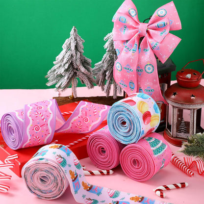 5 Roll 30 Yard Pink Christmas Candy Ribbon Wired 2.5 in Fabric Candy Pastel Christmas Wired Edge Ribbon for Xmas Tree Decorations, Gift Wrapping Wreath DIY Making Bow Crafts