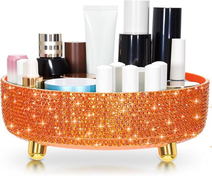 Honeydak Orange Bling Perfume Makeup Organizer Bling Mother's Day Nurses Day Gifts for Women Bathroom Organizers and Storage 360 Rotating Makeup Organizer for Countertop(Resin Stone)