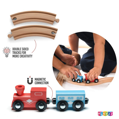 Wooden Train Tracks - 52 PCS Wooden Train Set + 2 Bonus Toy Trains - Train Sets For Kids - Car Train Toys Is Compatible With Thomas Wooden Railway Systems and All Major Brands - Original - By Play22