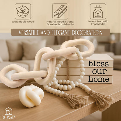 Boho Decor Set – 4-Piece Neutral Home Accents for Shelf, Entryway, Coffee Table – Includes Faux Wood Books, Bead Garland, Rustic Chain & Scented Knot Candle – Farmhouse & Minimalist Style