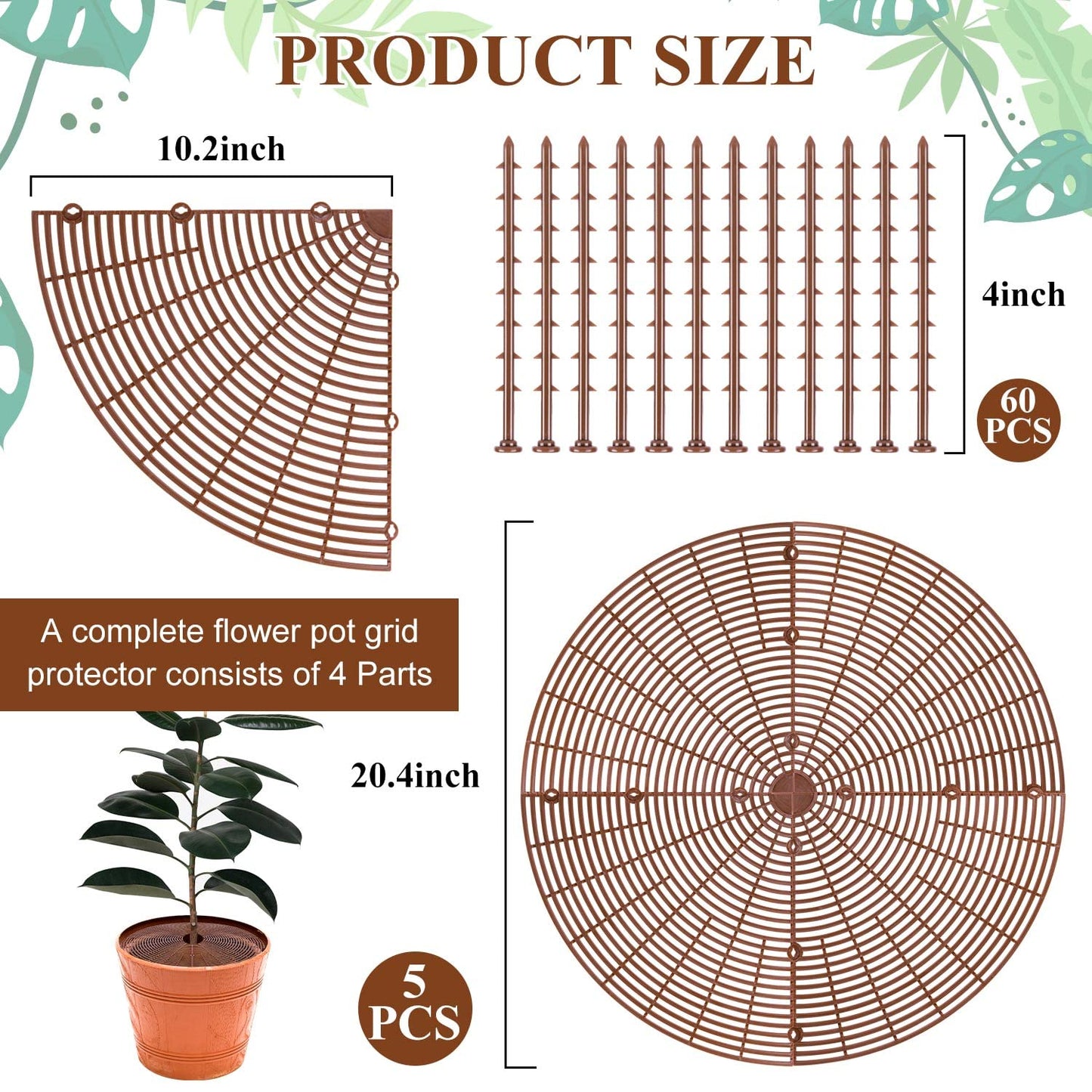 YGAOHF 5 Pcs 20.8" Plant Pot Grid Cover, Cuttable Grid Flower Pot Cover with 60 Stakes, Large Plastic Plant Pot Soil Protector with Center Cutout, Pet Cat Digging Stopper