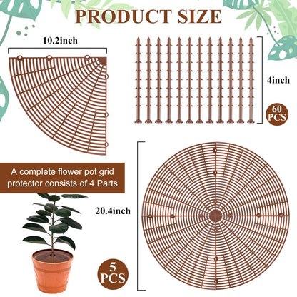 YGAOHF 5 Pcs 20.8" Plant Pot Grid Cover, Cuttable Grid Flower Pot Cover with 60 Stakes, Large Plastic Plant Pot Soil Protector with Center Cutout, Pet Cat Digging Stopper