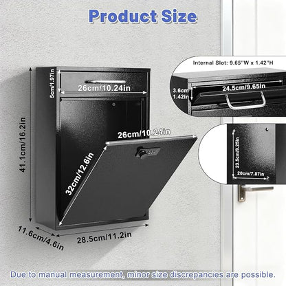 KYODOLED Wall Mount Mailbox for Outside, Combination Lock, X Large, Black | Sturdy Steel, Anti-theft Large Drop Box, Ideal for Home, Office, School Daily Mail/Key/Cash Storage, 16.2H" x 11.2L" x 4.6W"