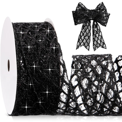 Geosar 20 Yards Black Glitter Mesh Wired Ribbon, Elegant Tulle Ribbon for Luxury Gift Wrapping, Wedding Decor, Graduation Party, Flower Bouquet & DIY Craft Supplies (2.5 Inch)
