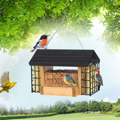 Gbekery Hopper Bird Feeder for Outdoors Hanging, Wooden Bird Feeder with Double Suet Cage and Large Seed Capacity, Cedar Wood Suet Feeder with Weatherproof Roof, Garden Decoration
