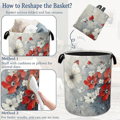 Butterfly Flowers Laundry Basket, Foldable Oxford Cloth Red Laundry Hamper