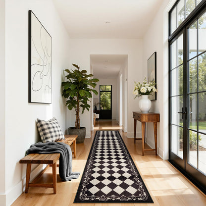 Zealude Moroccan Trellis Black and White Runner Rug 2.5x8 Washable Carpet Runners for Hallway 8ft, Soft Low Pile Checkered Bathroom Rug Gingham Print Kitchen Mordern Plaid Carpet for Bedsides Laundry