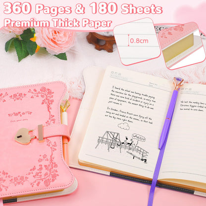 BSRBAOZY Diary with Lock and Key for Girls & Women, Heart-Shaped Locking Journal Gift Set with Diamond Pen, 360 Gilded Pages A5 Faux Leather Secret Writing Notebook for Teens Age 8-14(Garden Pink)