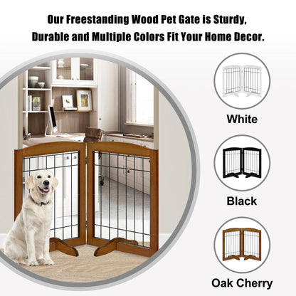 LZRS 2-Panel Freestanding Adjustable Wooden Dog Gate—30” Tall Foldable Pet Barrier with Support Feet, Solid Hardwood & Chew-Resistant Steel Wire for Doorways, Hallways, and Stairs, Oak Cherry