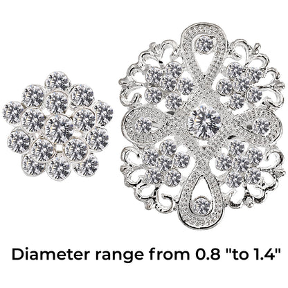 Hiceeden Lot 24 Pcs Crystal Brooches Pins, Silver Shining Clear Rhinestone Brooches Flower Jewelry Bridal Wedding Bouquet Kit Gift for Girls, Women, DIY Decoration