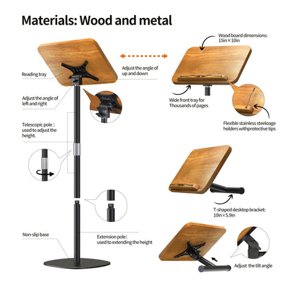 NAMON 2-in-1 Dual-use Floor & Desktop Book Stand, 100% Solid Wood, Height Adjustable from 16.5" to 51", Floor Reading Stand with Page Clip for Cookbooks, Sheet Music, Projector (with a T-Shaped)