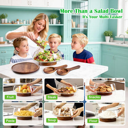 Airsent Extra Large Glass Salad Bowl with Lid Set, 5-Qt (160 fl oz) Mixing/Serving Bowl with Wood Base & Salad Servers, Trifle Bowl for Kitchen, Parties & Christmas