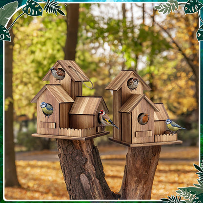 AceOrbit 2 Pcs Bird Houses for Outside 3 Hole Wooden Bird House 7.48 x 5.91 x 5.91 Garden Backyard Decor Weather Resistant Birds Shelter Rustic Outdoor Hanging Birdhouse for Bluebird Finche Cardinal