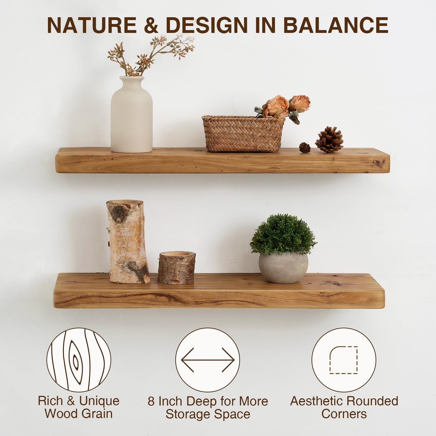 Dreamland Solid Elm Wood Floating Shelves, 18" W x 8" D Floating Shelf Wall Mounted, 8 Inch Deep Wall Shelves - Wooden Bathroom Shelf, Deep Bookshelf for Living Room, Kitchen Wall Shelf, Set of 2