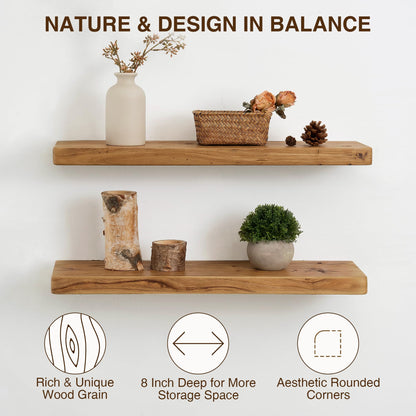Dreamland Solid Elm Wood Floating Shelves, 18" W x 8" D Floating Shelf Wall Mounted, 8 Inch Deep Wall Shelves - Wooden Bathroom Shelf, Deep Bookshelf for Living Room, Kitchen Wall Shelf, Set of 2