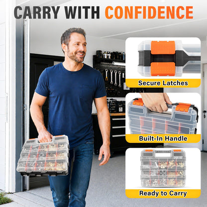 DIYSELF Tool Box, Double-Sided 34-Compartment Tool Organizer, Small Parts Organizer with Adjustable Space, Clear-Lid Small Storage Box for Hardware, Crafts, Beads, Jewelry and Fishing Accessories