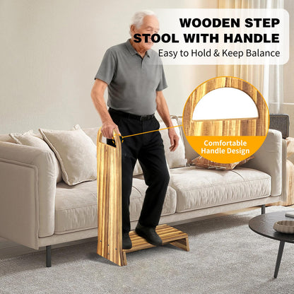 Coocure Wooden One Step Stool with Handle, 5" Height Wooden Step for Bathroom/Kitchen, Solid Wooden Step with trapezoidal feet for Elderly, Adults, Kids to Get in & Out of Bed Easily(440LBs Capacity)