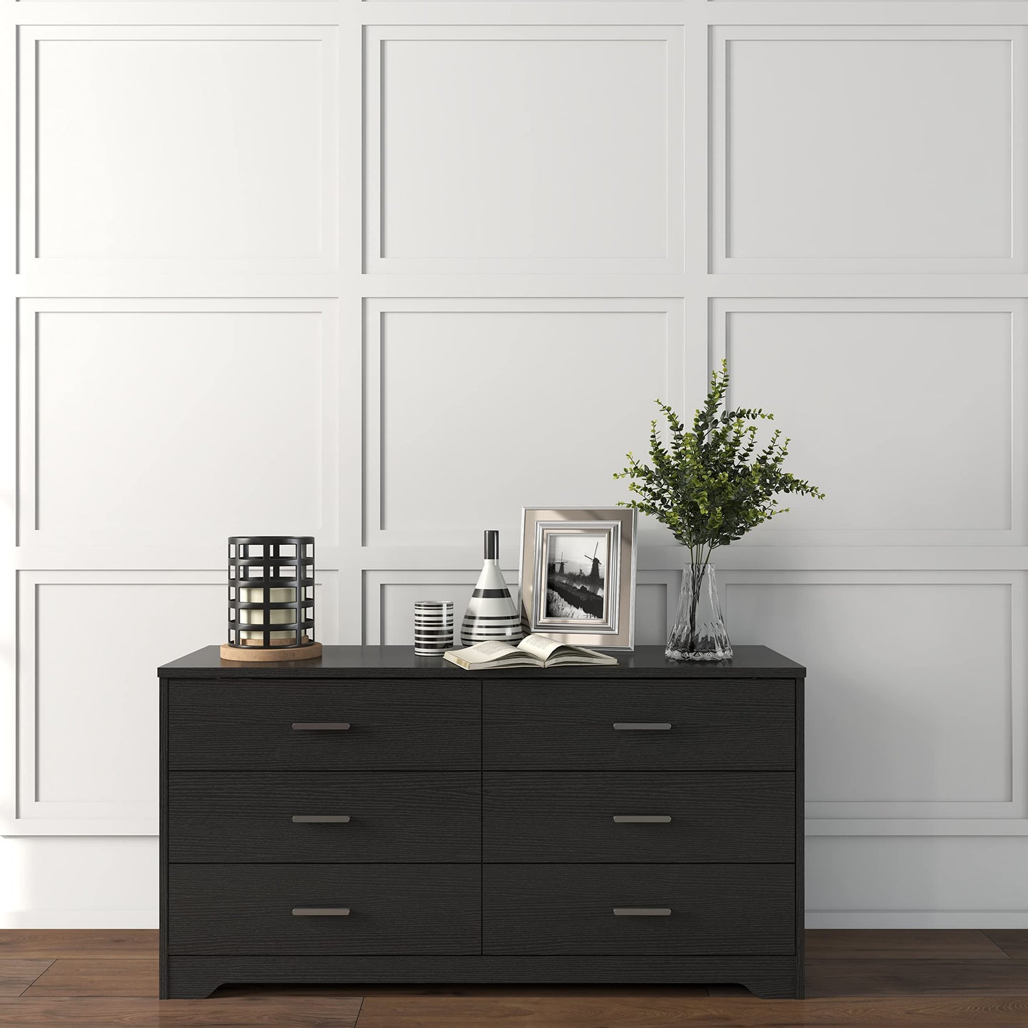Panana Wooden 5/6 Drawer Dresser, Wide Modern Chest of Drawers, Organizer with Storage Drawers for Living Room Bedroom Hallway Closet (Black, 6 Drawers)