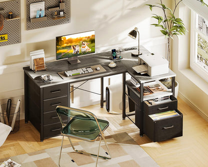 Coleshome L Shaped Computer Desk with 6 Drawers & Power Outlet, 55 Inch Corner Desk with Reversible Storage Shelf & File Drawer, Home Office Desk, Grey Oak