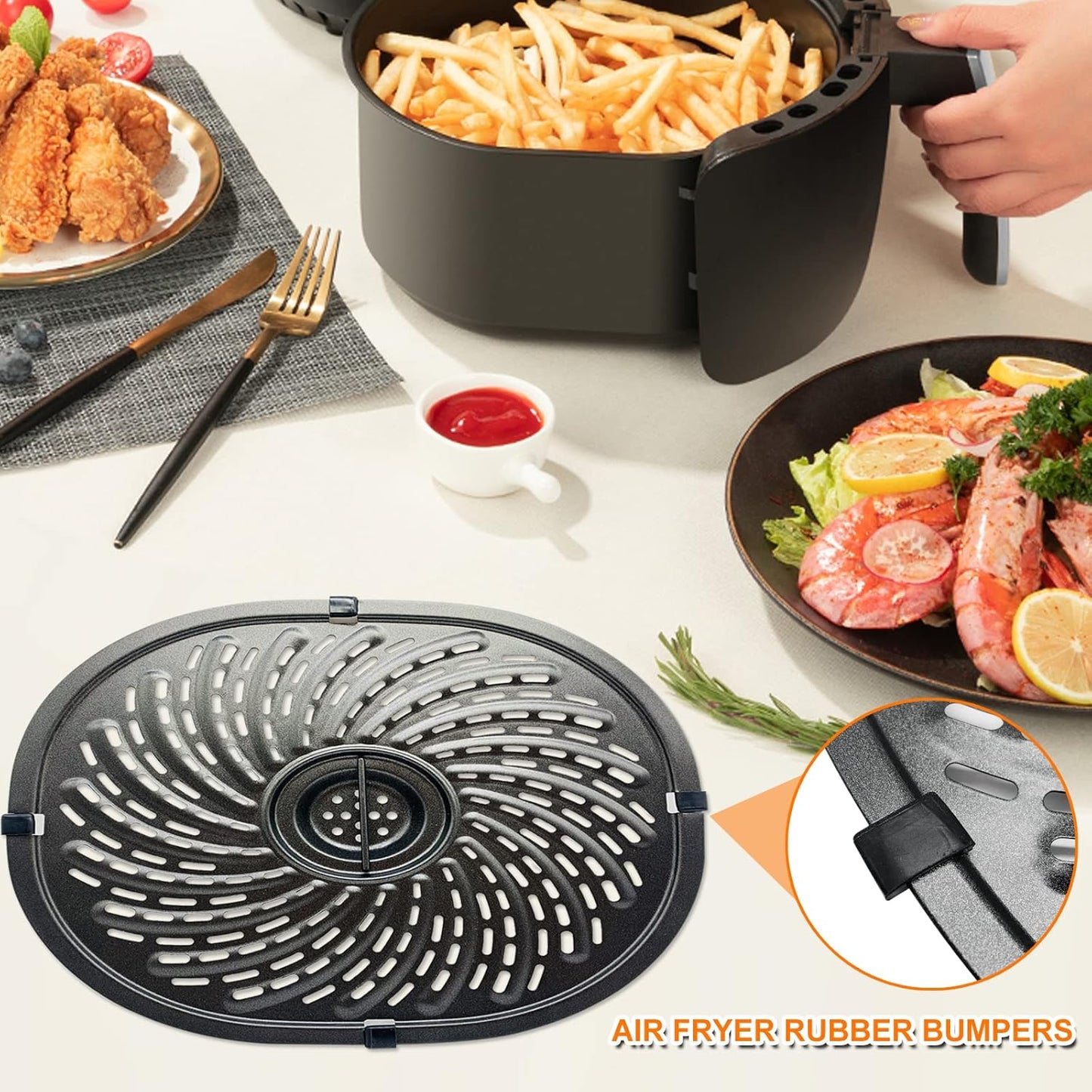 Replacement Parts for PowerXL Vortex 7 QT Air Fryer, Oval 10.3''*9.5'' Food Grade Stainless Steel Air Fryer Accessories Grill Pan Grill Plate Crisper Plate Tray Rack with Rubber Bumpers