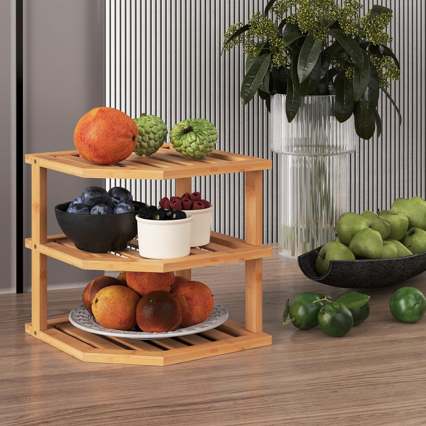 VERTORGAN 3 Tier Bamboo Corner Shelf(2 Pack),Plate Organizer,Dish Drying Rack,Kitchen Spice Rack for Countertop and Cabinet