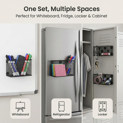 Neudeco Magnetic Locker Shelf Organizer, Pencil Holder, Metal Storage Basket for Whiteboard, Refrigerator, Ideal Cabinet for School, Black (Pack of 3)