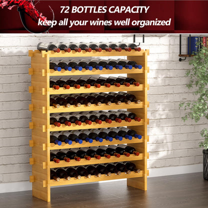 Bambition Bamboo Wine Rack Stackable, 8-Tier 72 Bottles Large Capacity, Modular Wine Storage Rack Free Standing, Floor Wine Display Shelf