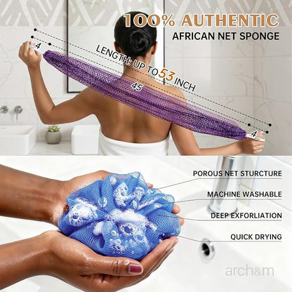 ARCH&M African Net Sponge Authentic with Knots, 53" Extra-Long 2 Pack | Back & Body Scrubber for Women and Men, Exfoliating Shower Loofah Bath Sponge for Daily Use, Travel-Friendly Spa Gift