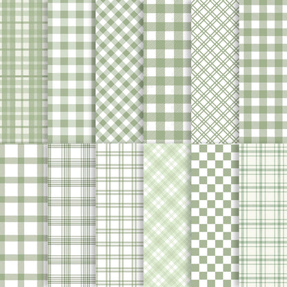 24 Sheets Sage Green Plaid Scrapbook Paper, Double Side Greenery Lattice Patterns Decorative Craft Paper Folded Flat for Spring Easter Birthday Card Making Baby Showers Photo Album Decor, 12'' x 12''