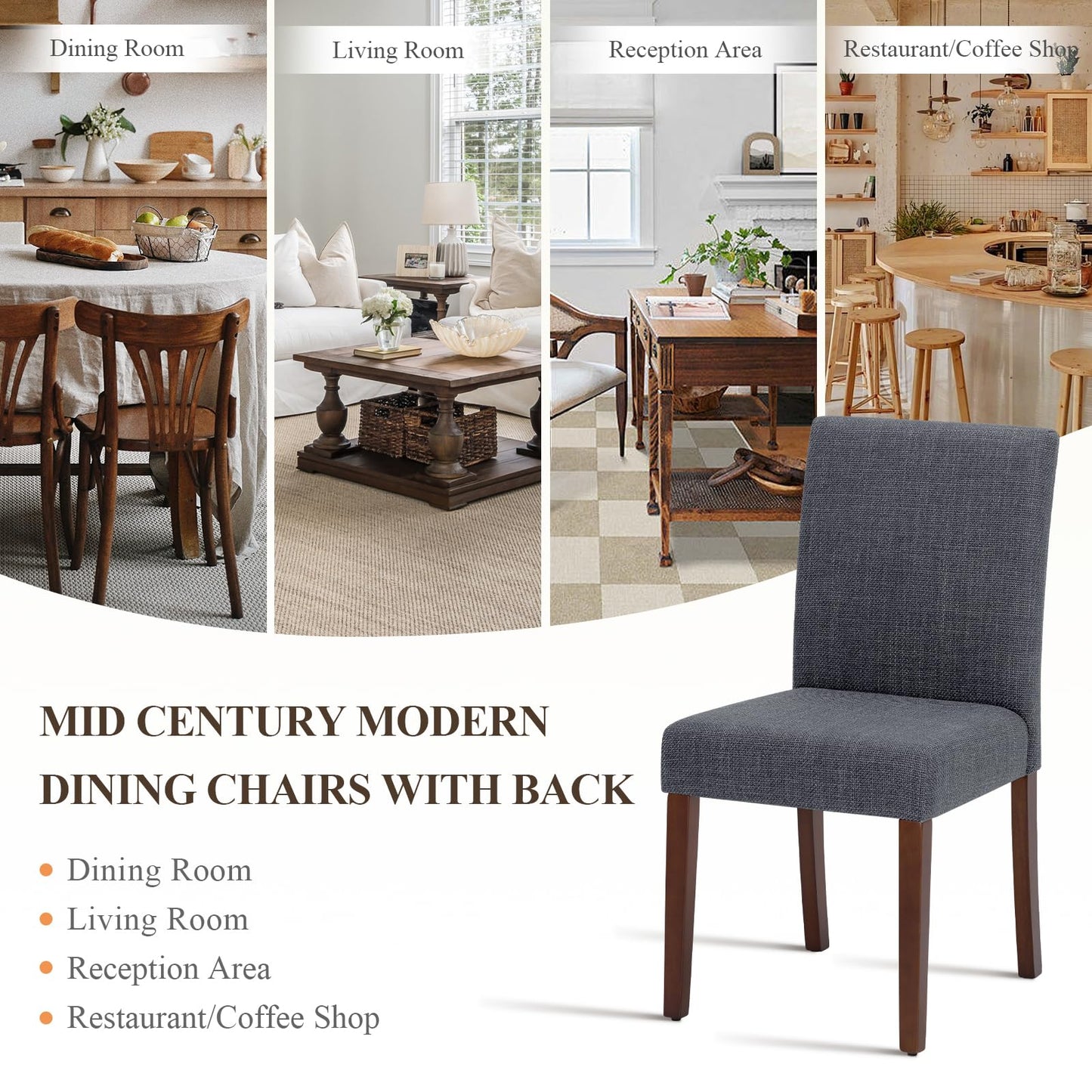 Upholstered Parsons Dining Chairs Set of 2, Modern Dining Room Chairs with Back, Fabric Kitchen Side Chairs with Wood Legs for Dinner Farmhouse Restaurant, Dark Grey