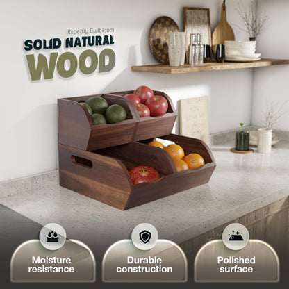 NAGAWOOD Acacia Wood Pantry Storage Bins - Stackable Open Front Kitchen Baskets with Airflow Vent for Potato, Onion, Fruit, Vegetable, and Bread Storage, Wood Organizer for Pantry and Countertop