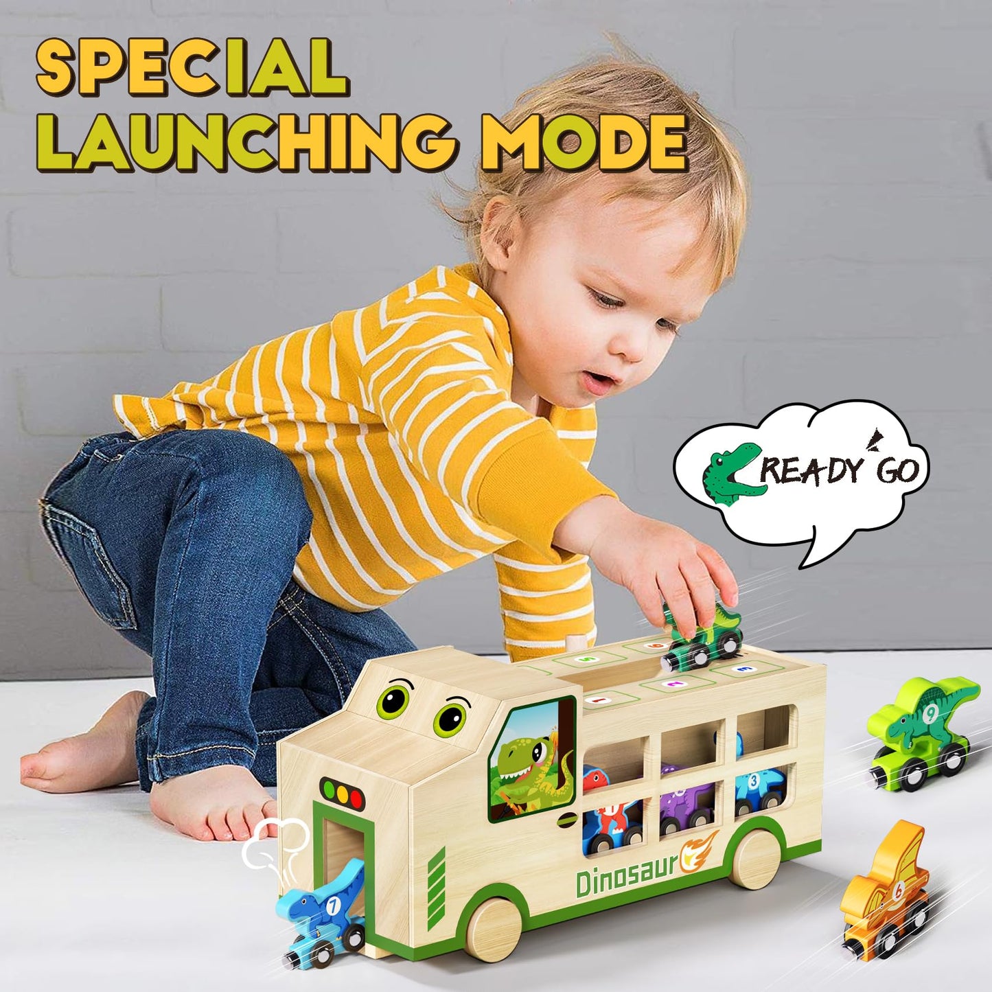 GJZZ Wooden Dinosaur Truck & 10 Magnetic Wooden Dinosaur Train Set