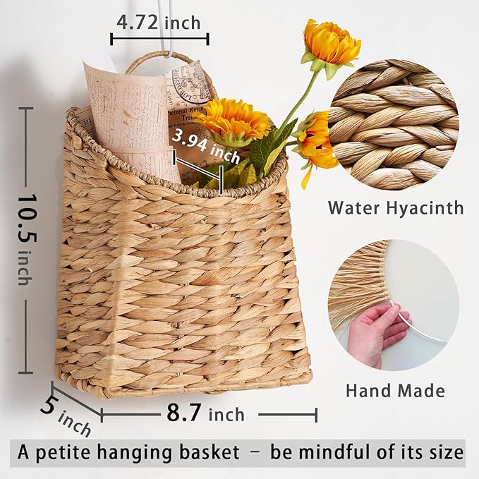 Hanging Basket for Front Door –10.5" H Water Hyacinth Woven Wall Mounted