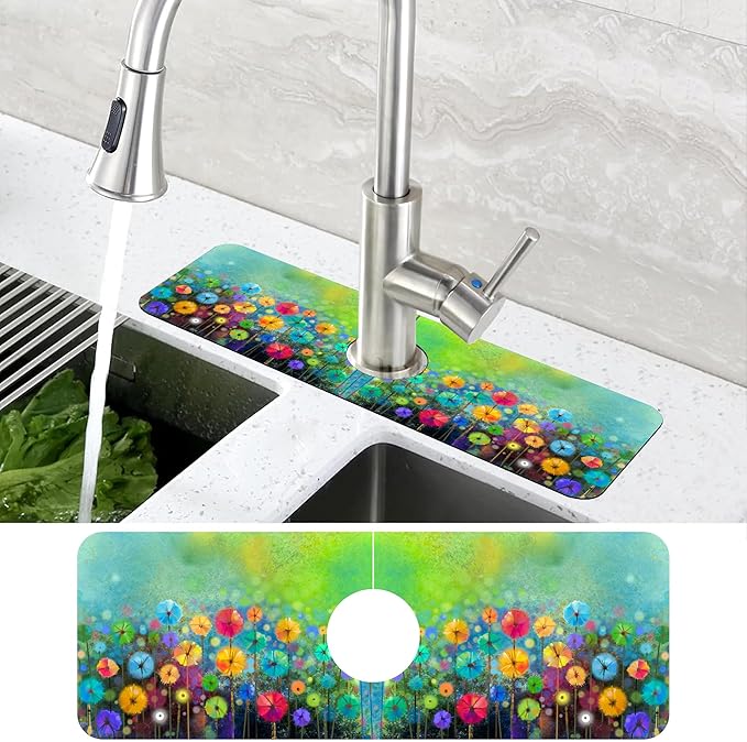 Abstract Blue and Red Flowers Dish Drying Mat