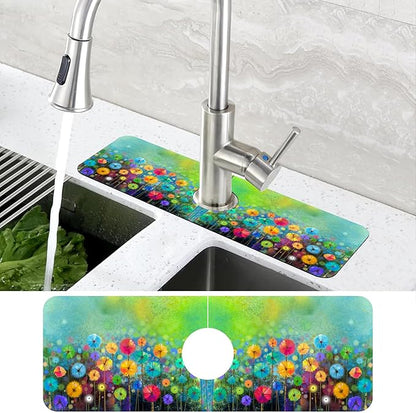 Abstract Blue and Red Flowers Dish Drying Mat