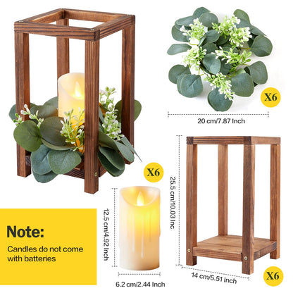 Neoflavie 6 Set/18 Pcs Wooden Wedding Lantern Centerpiece Include 6 Wooden Lantern Candle Holder 6 Flameless LED Candle 6 Eucalyptus Leaves Wreath for Centerpieces Wedding Table Party Farmhouse Decor