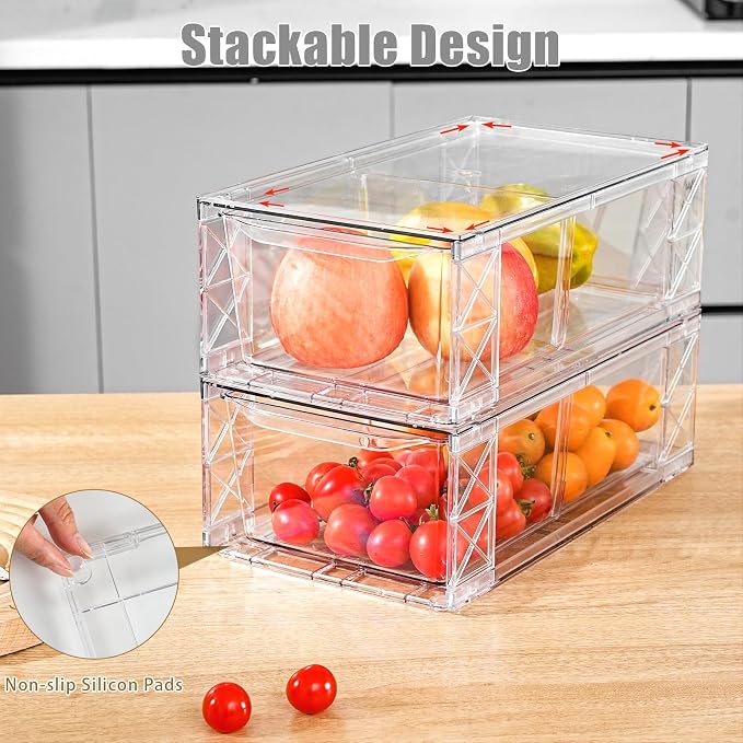 Clemate 8Pack Stackable Kitchen Storage Organizer,Pantry Organizers and Storage,Foods Organizer Bins with Handles, Easily Assemble for Bathroom, Kitchen, Refrigerator, Pantry, Cabinet, Closet