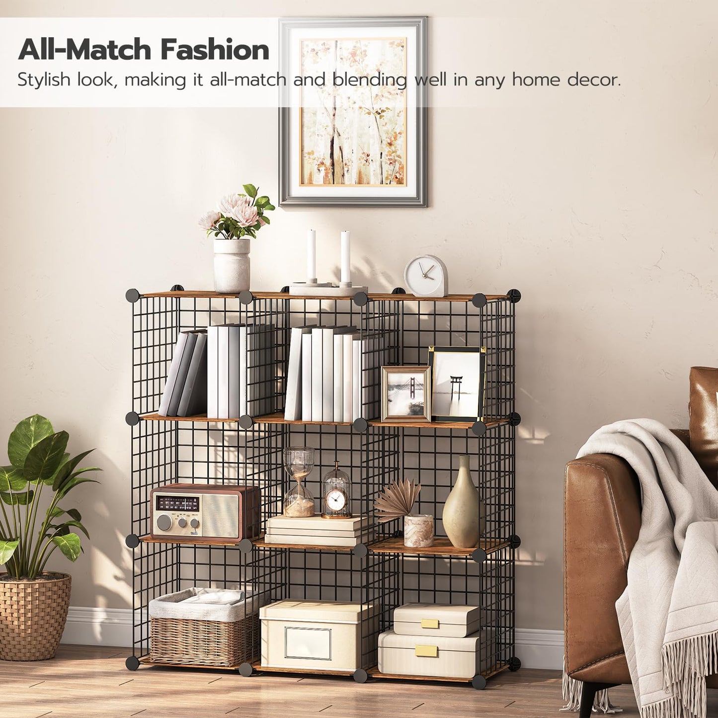 HOOBRO Floating Shelves for Wall and Wire Cube Storage Organizer, Wall Mounted Shelf Set of 2, 9-Cube Shelves, Modular Shelves with Metal Grid, DIY Closet Cabinet, BF40BJ01-BF09CW01