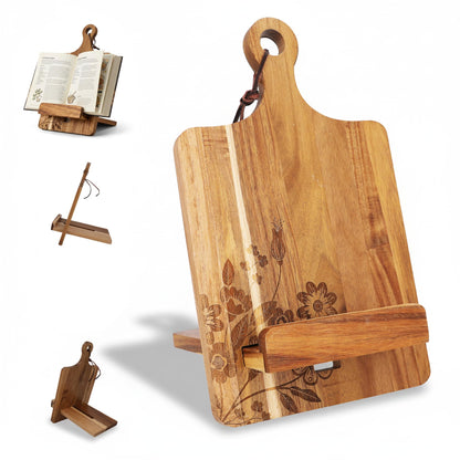 ULLAHOLM Wooden Cookbook Stand for Kitchen Counter - Reversible Recipe Book Holder with Cooking Measurement Conversion Card - Gift-Ready Adjustable Tablet Cookbook Holder Stand - 13.7"x8.2"