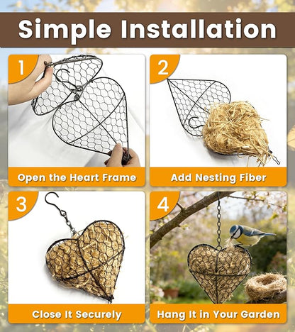 Bird Nesting Heart with Natural Nesting Fibers, Refillable Bird Nesting Material Holder for Hummingbirds, Outdoor Garden Art Decor Gift for Bird Lovers