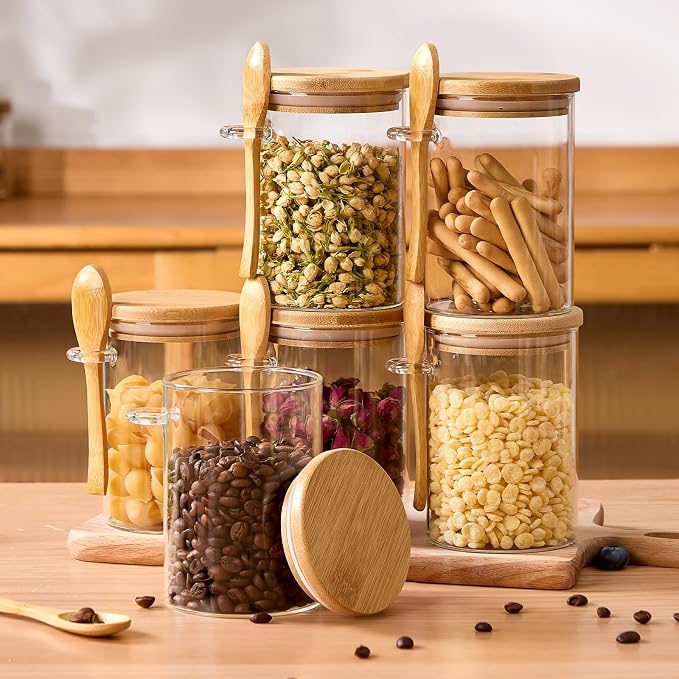 6 Pack Overnight Oats Containers with Bamboo Lids and Spoons - 22 oz Airtight Glass Jars with Lid, Meal Prep Jars for Chia Pudding, Yogurt, Salad, Cereal, Coffee, Flour | Food Storage Canister