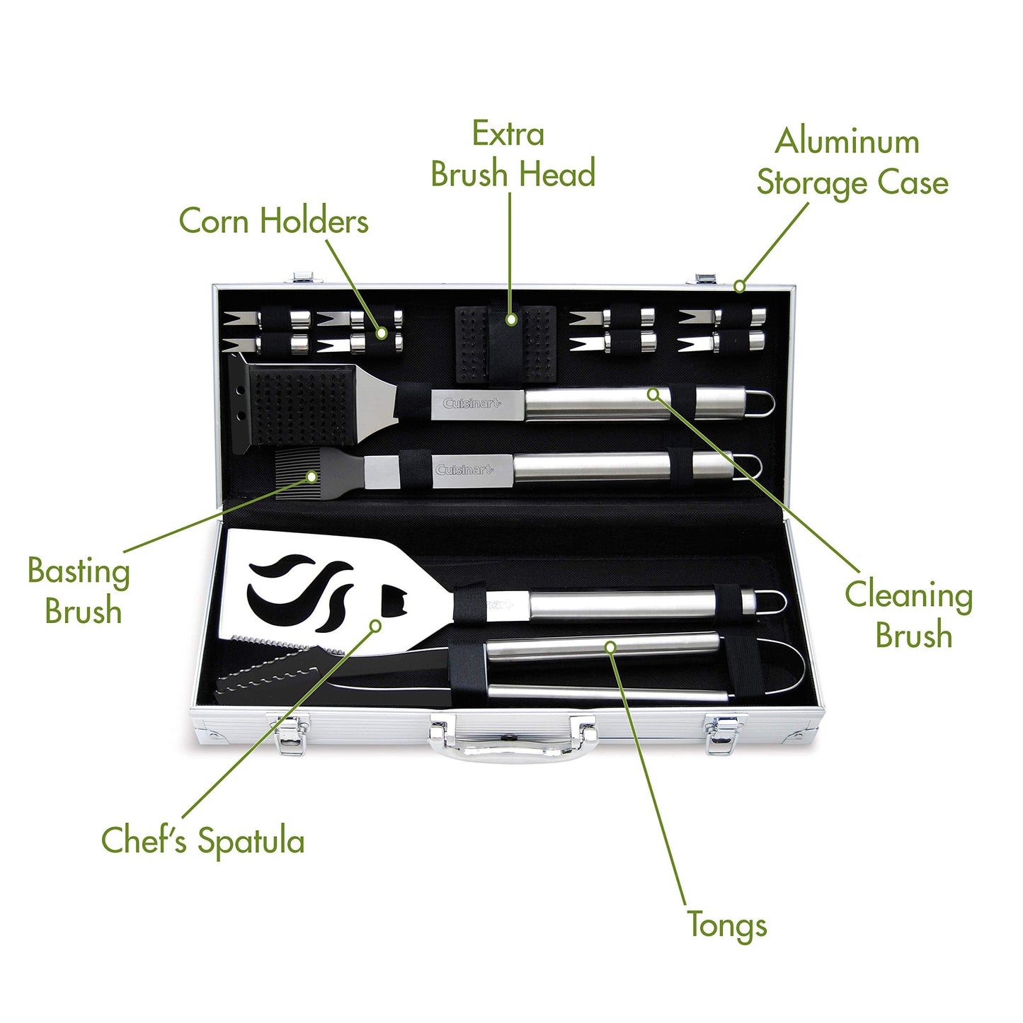 Cuisinart 14-Piece Deluxe Stainless Steel Grill Set, Grilling Accessories Kit with Spatula, Tongs, Corn Holders, Basting Brush, Cleaning Brush & Aluminum Carry Case, BBQ Tools for Outdoor Grill