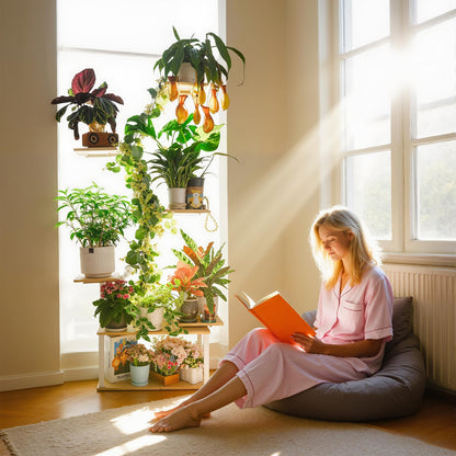 MemoCastle White Plant Shelves with Grow Lights: 7-Tier 65" Tall Modern Plant Stand for Indoor Corners, Living Room Display or Bedroom Gardening Rack