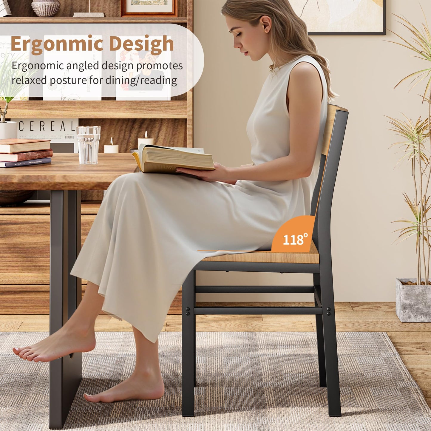 MECHYIN Dining Chairs Set of 4, Rustic Wood Dining Room Chairs with Thickened and Strengthened Metal Steel Frame & Slat Back, Modern Farmhouse Chair for Kitchen, Dining Room (4, Light Brown)