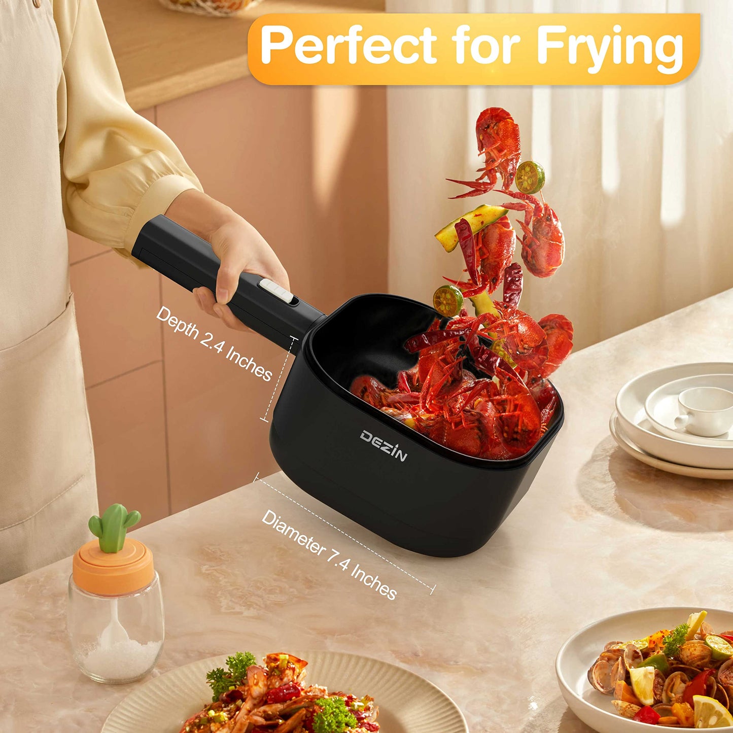 Dezin 2L Electric Hot Pot with Steamer, Rapid 800W Non-Stick Ceramic Coating Dorm Cooking Pot, Plug in Electric Pan Cooker with Adjustable Power for College Hotel Office(Silicone Spatula Included)